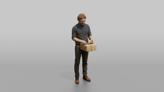 Man Sales Associate Wrapping A Gift Box With Ribbon - 3D character model