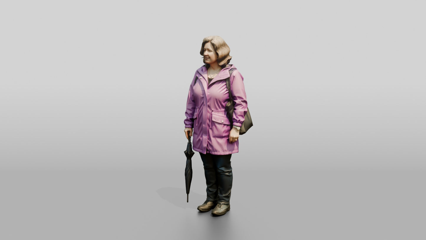 White Woman Waiting at a Crosswalk in Purple Raincoat