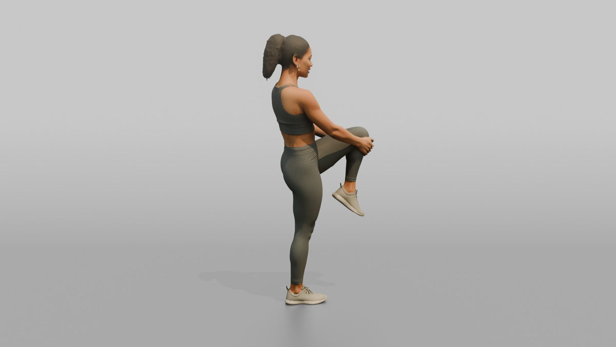 Fitness Influencer Woman Doing A Standing Knee-to-chest Stretch - 3D character model, view 3