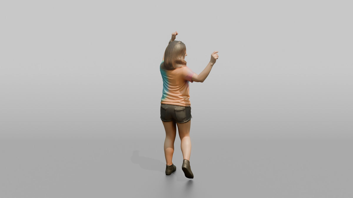 Patron Woman Wearing A Vibrant Tie-dye Shirt, Arms Raised Dancing - 3D character model, view 3