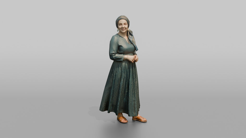 Middle Eastern Woman in Gold-Dot Pleated Skirt