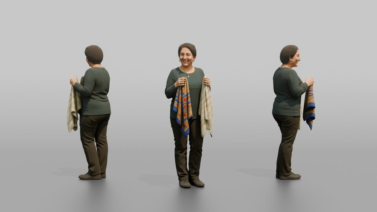Woman Customer Holding Two Different Colored Scarves Side By Side - 3D character model, view 1