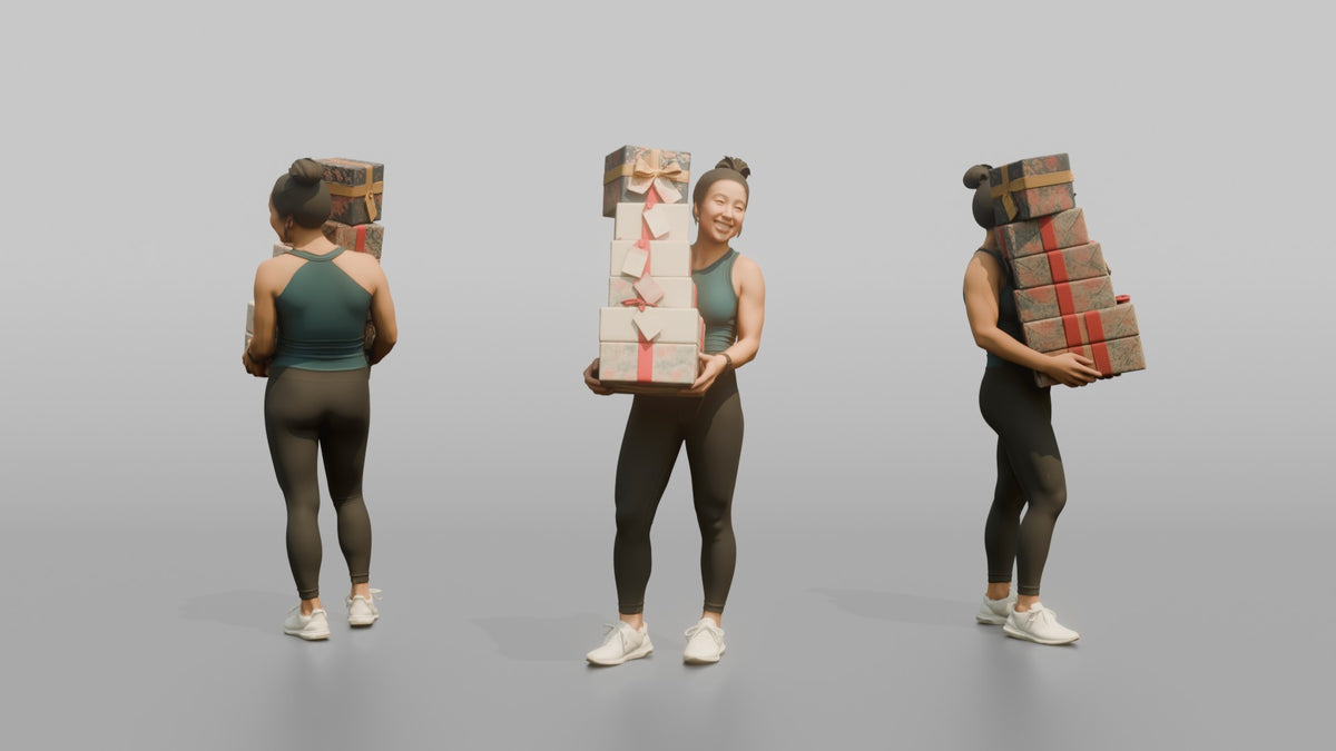 Mother Carrying A Stack Of Gift-wrapped Presents - 3D character model, view 1