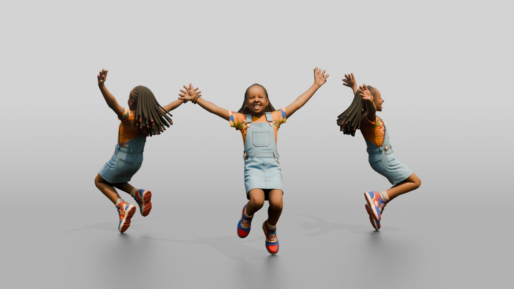 African Girl Jumping Excitedly in a Denim Overall Dress