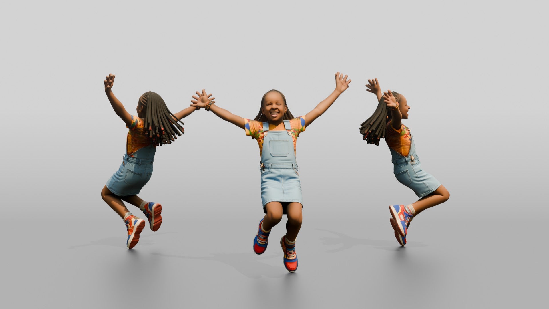 African Girl Jumping Excitedly in a Denim Overall Dress