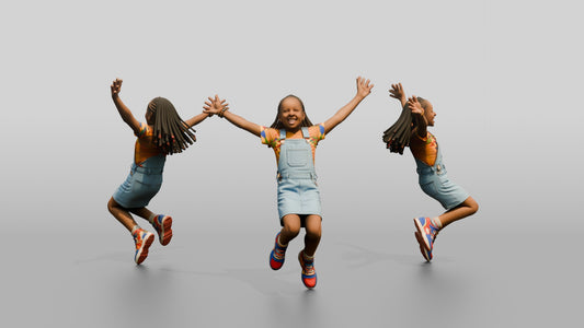African Girl Jumping Excitedly in a Denim Overall Dress