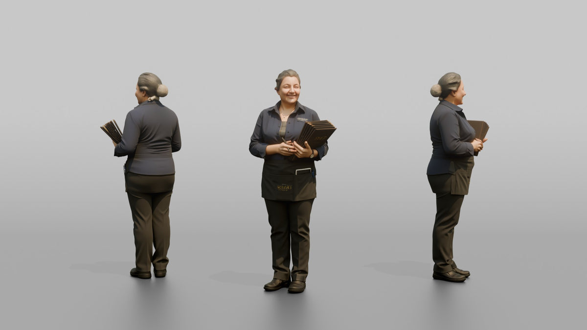 Host Woman Holding A Stack Of Menus And A Pen - 3D character model, view 1