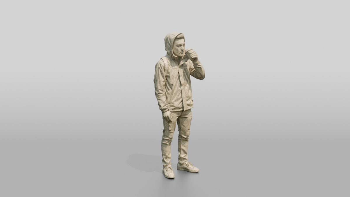 Black Man in Hooded Jacket Drinking Coffee - wireframe topology preview