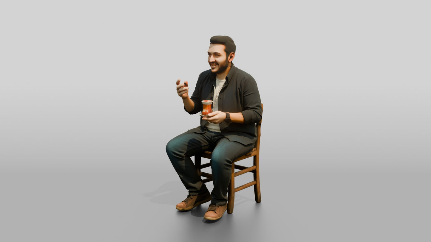 Man Gesturing with Tea and Earbuds