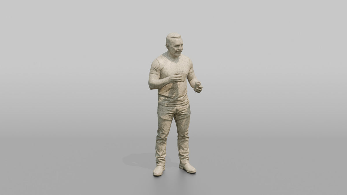 Father Holding A Coffee Mug In One Hand And A Phone In The Other - wireframe topology preview