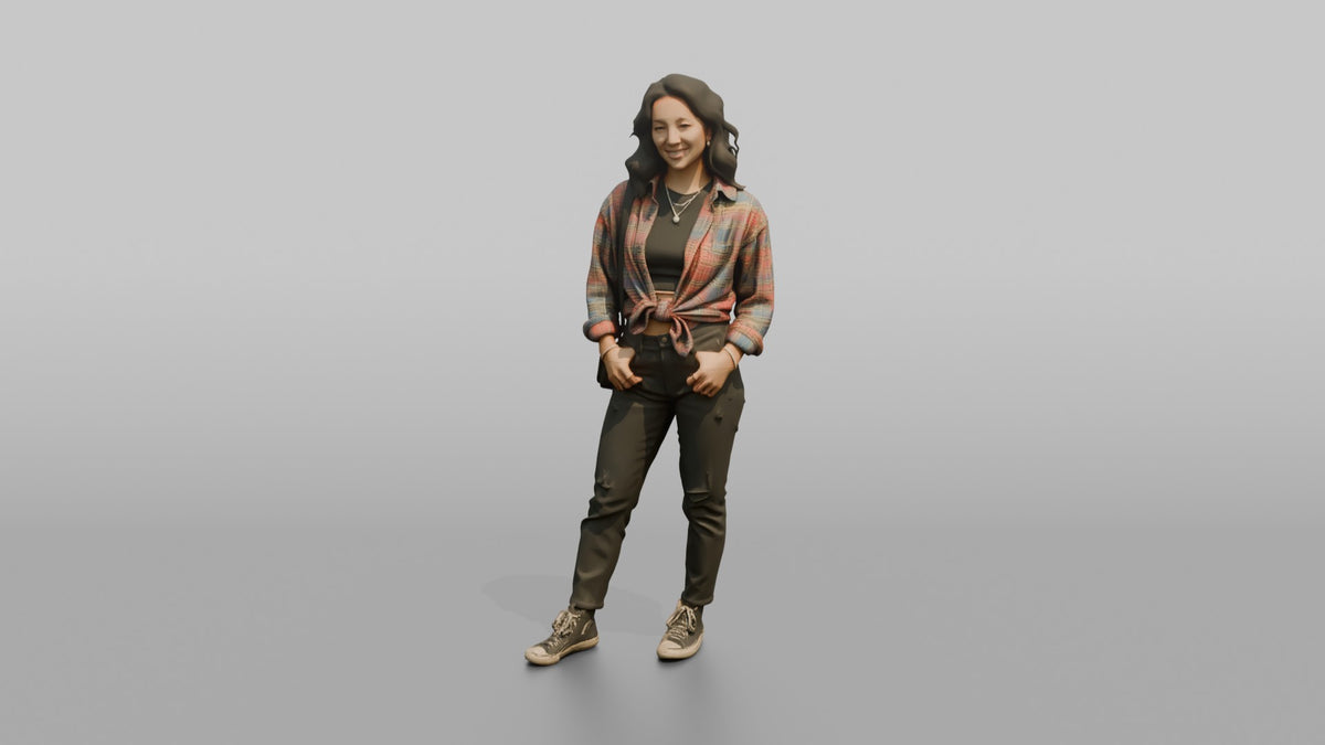 Patron Woman Wearing An Oversized Colorful Flannel Tied At The Waist - 3D character model, view 5