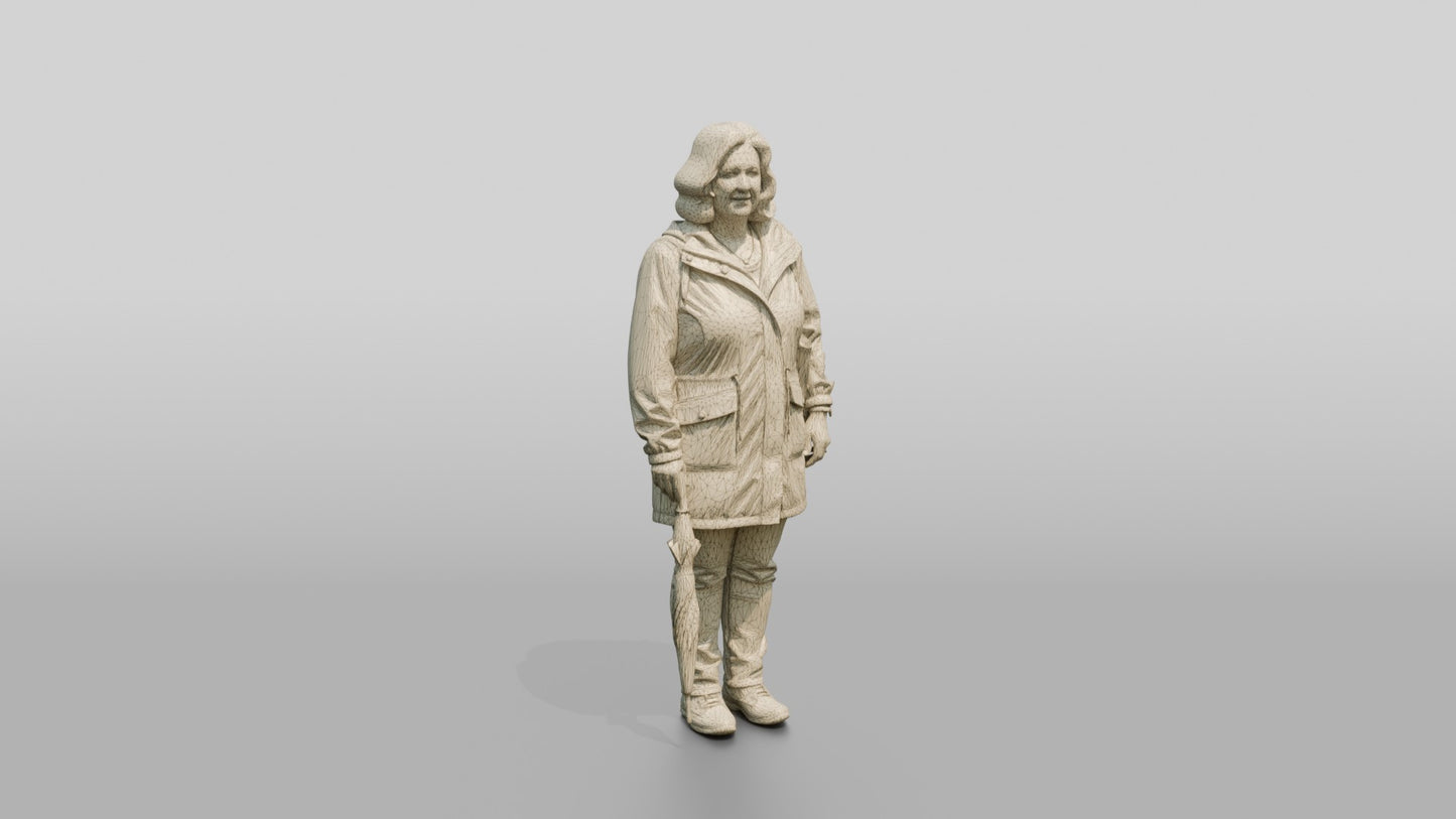 White Woman Waiting at a Crosswalk in Purple Raincoat