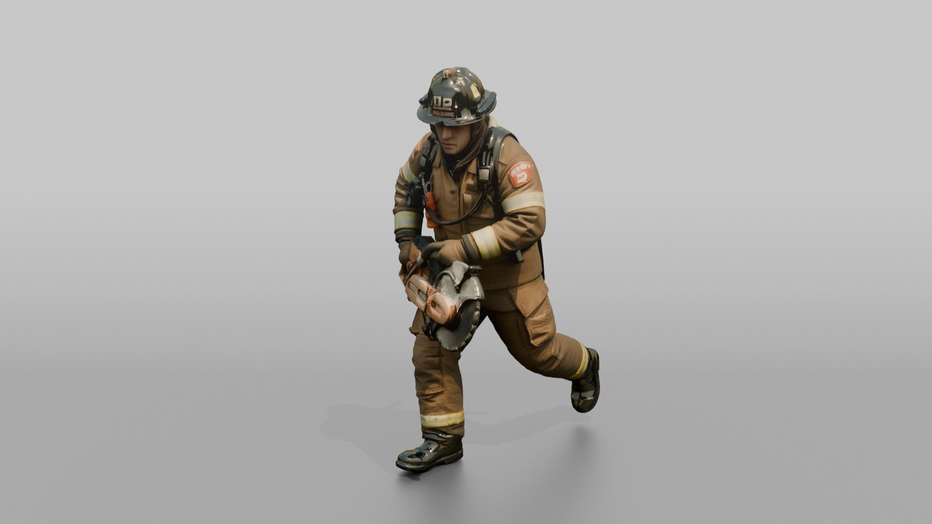 Firefighter Man Running Forward with a Rotary Rescue Saw