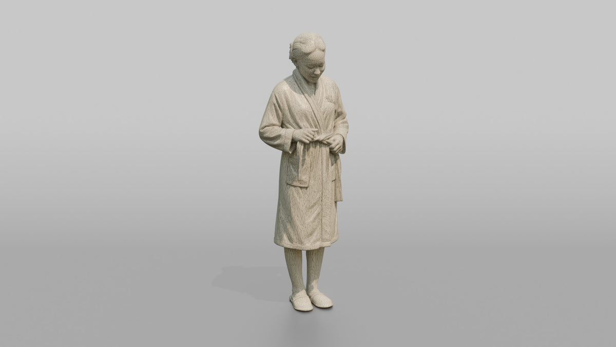 Spa Attendant Woman Adjusting A Robe Belt At The Waist - wireframe topology preview