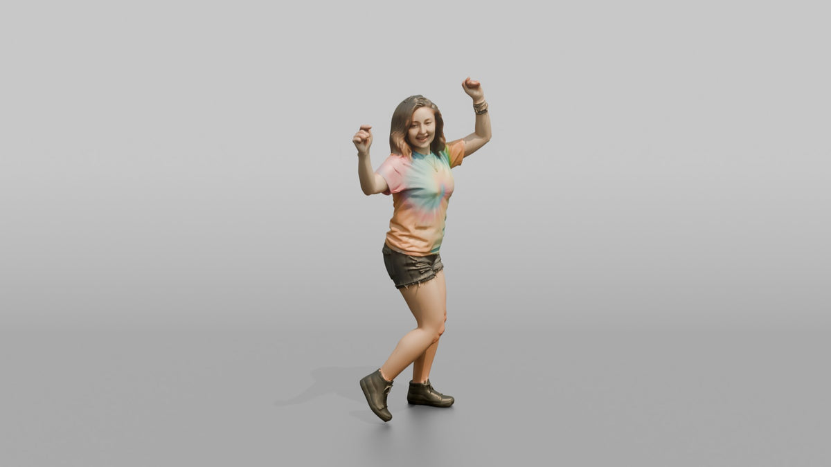 Patron Woman Wearing A Vibrant Tie-dye Shirt, Arms Raised Dancing - 3D character model, view 2