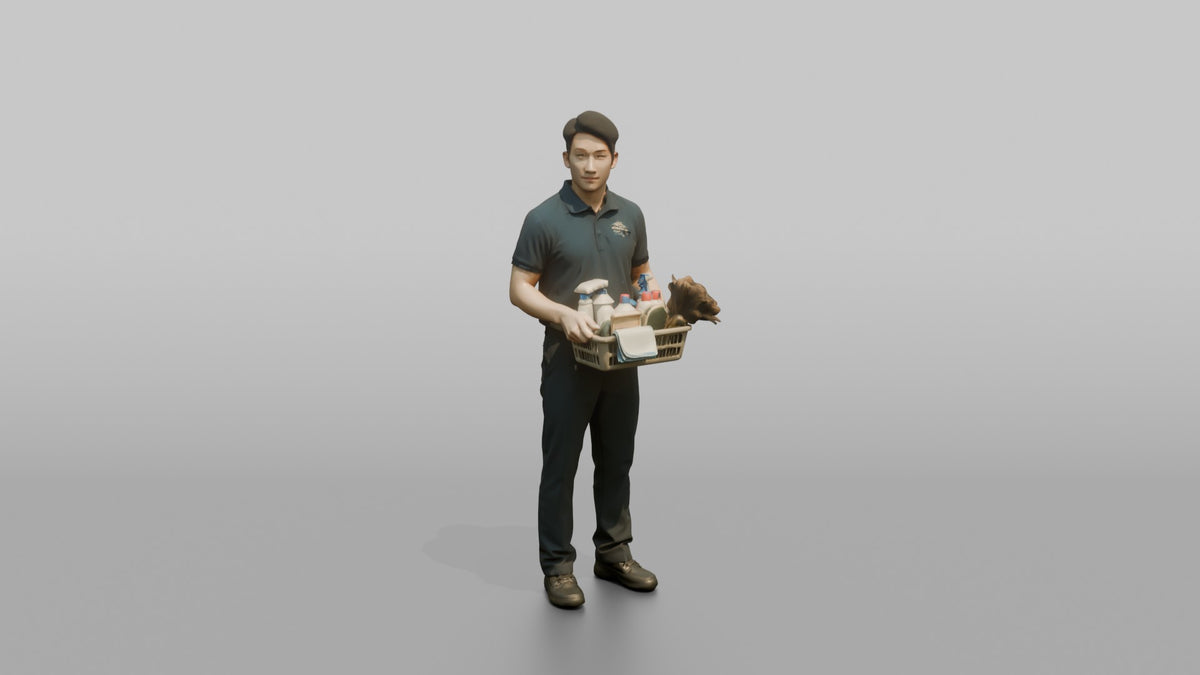 Housekeeping Staff Woman Carrying A Basket Of Cleaning Supplies - 3D character model, view 5