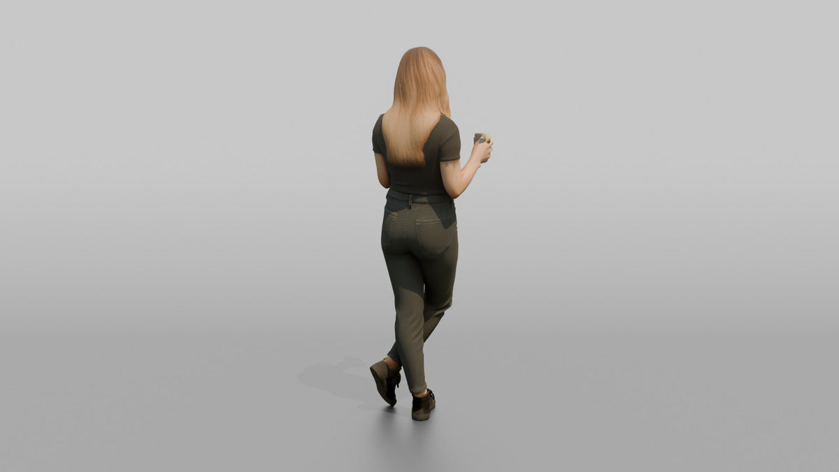 Patron Woman Standing Checking A Phone, Drink In The Other Hand - 3D character model, view 3
