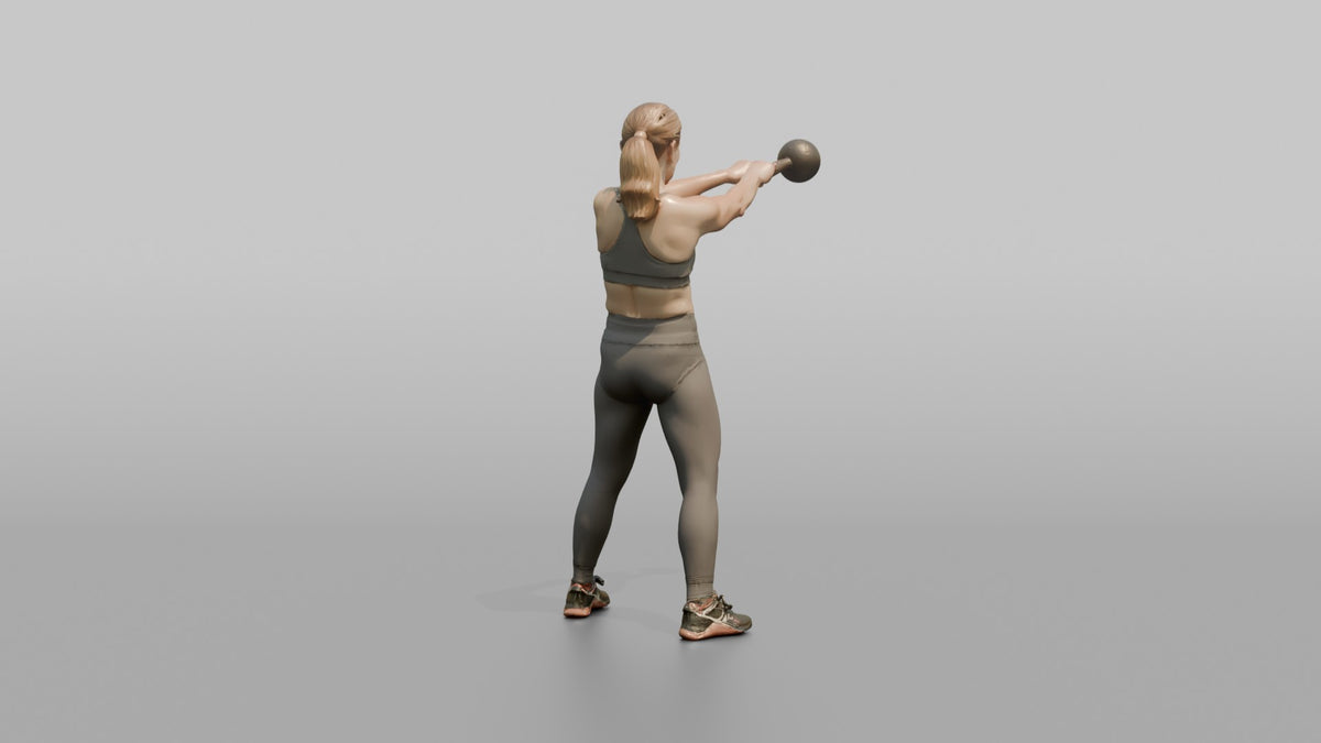Weightlifter Woman Performing A Kettlebell Swing - 3D character model, view 2