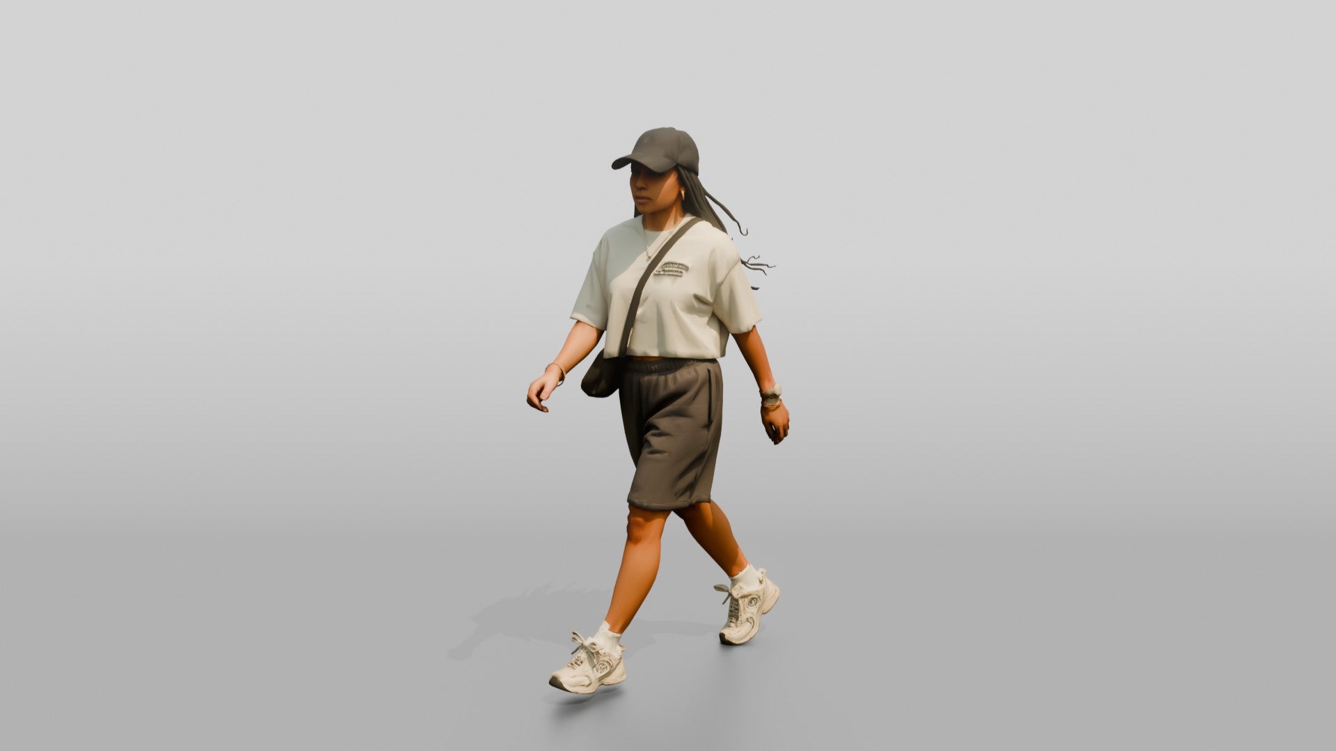 Multiracial Woman Walking Focused on the Boardwalk