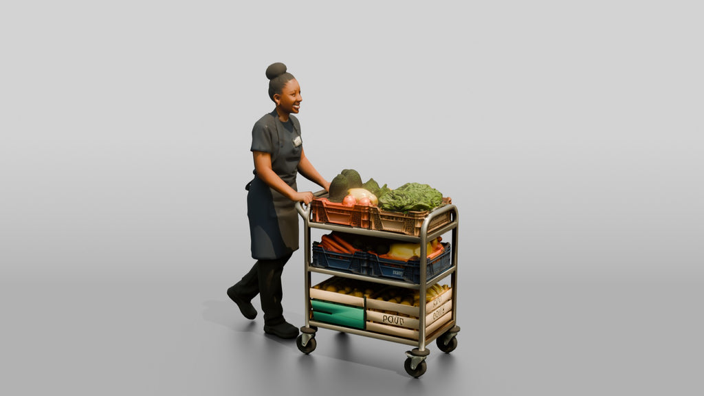 Kitchen Assistant Wheeling a Produce Cart