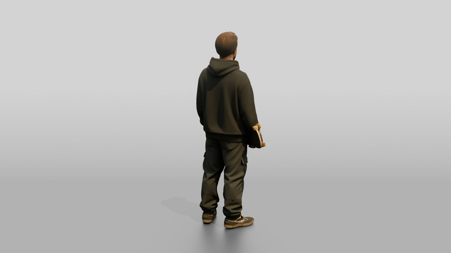 Skater Man in Graphic Hoodie with Skateboard