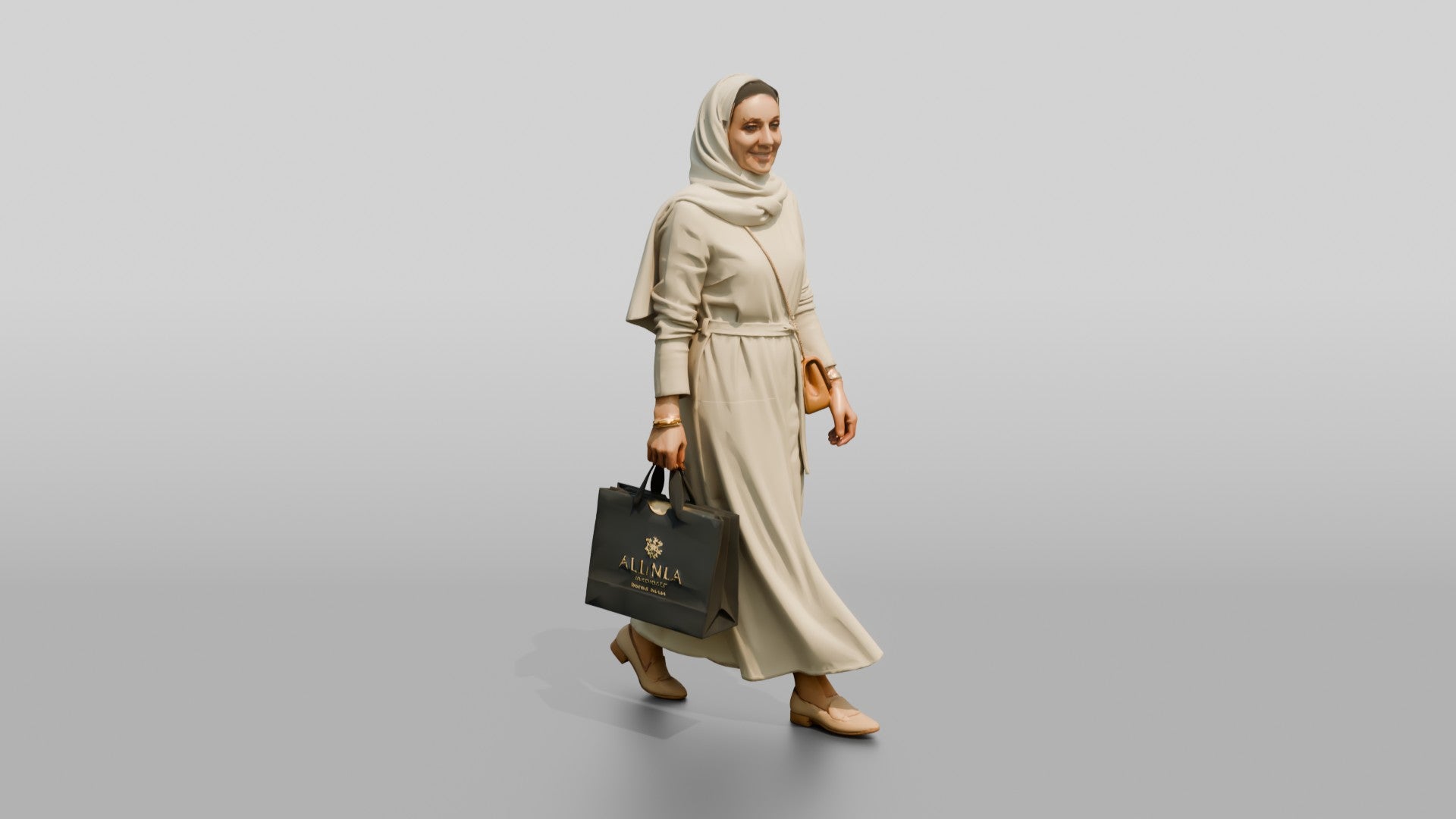Slender Middle-Aged Saudi Woman in Hijab and Linen Dress
