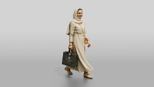 Slender Middle-Aged Saudi Woman in Hijab and Linen Dress - 3D character model, view 1