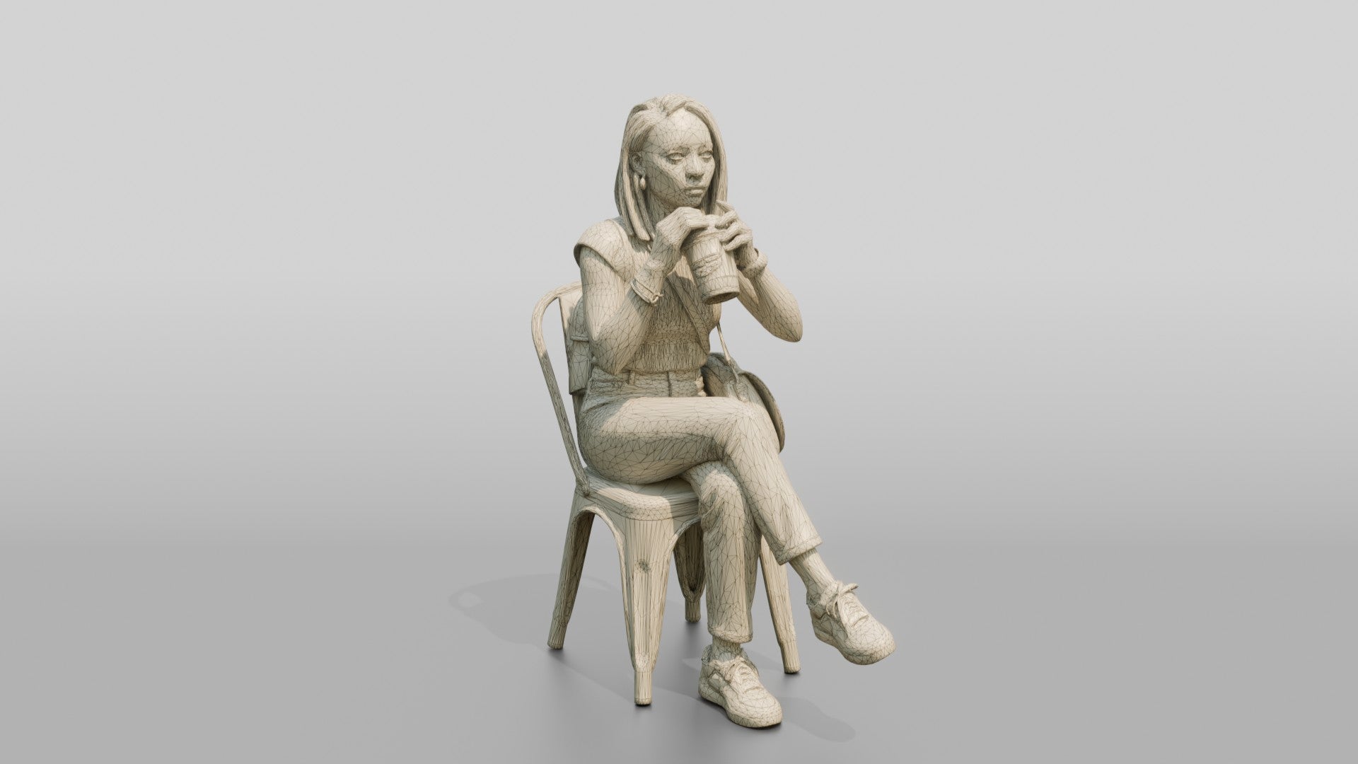 Young Black Woman Seated Drinking Coffee with Handbag