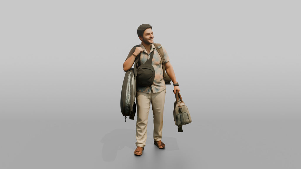 Traveler Carrying A Surfboard And Backpack