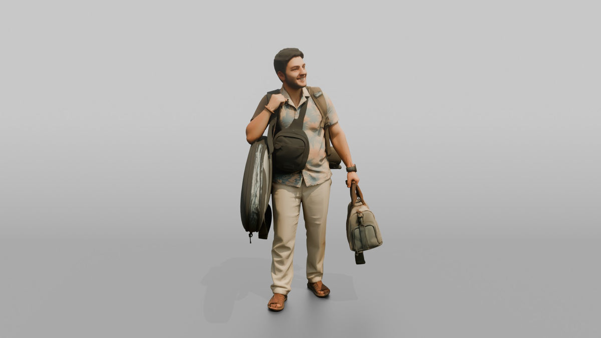 Traveler Carrying A Surfboard And Backpack - 3D character model, view 2