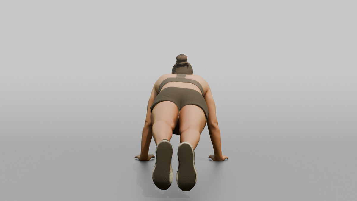 Bodyweight Athlete Woman Mid-burpee, Hands On The Ground - 3D character model, view 3