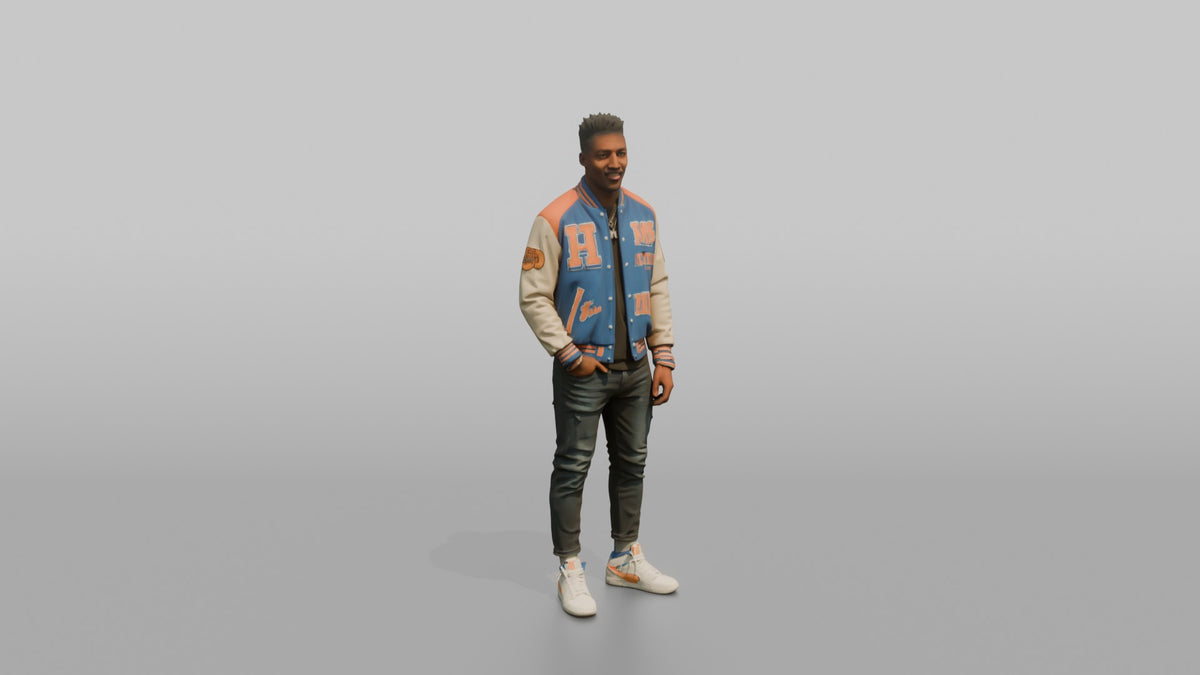 Patron Man Wearing A Vibrant Varsity Jacket, Confident Urban Stance - 3D character model