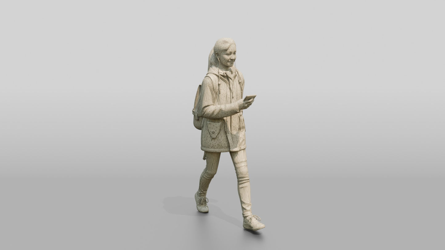 White Teen Girl Listening to Music in Grey Raincoat