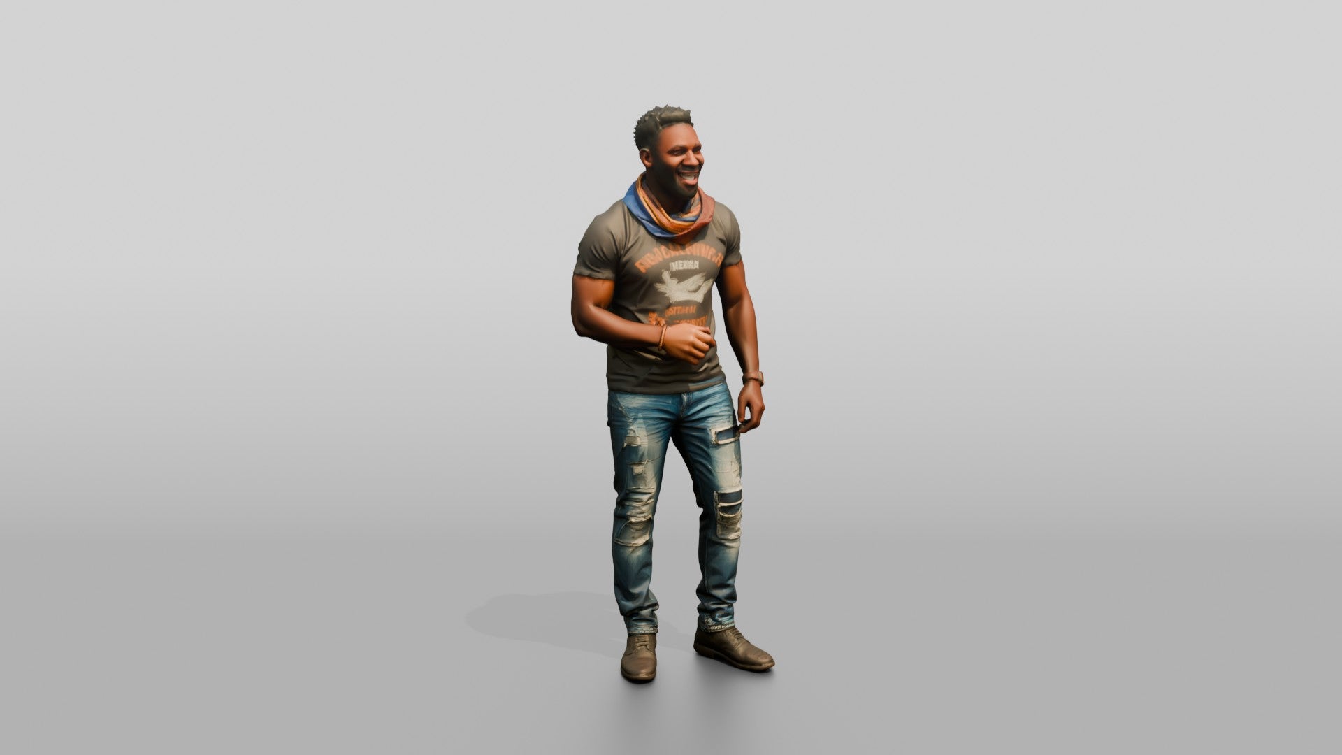 Muscular African Man Laughing in Distressed Jeans