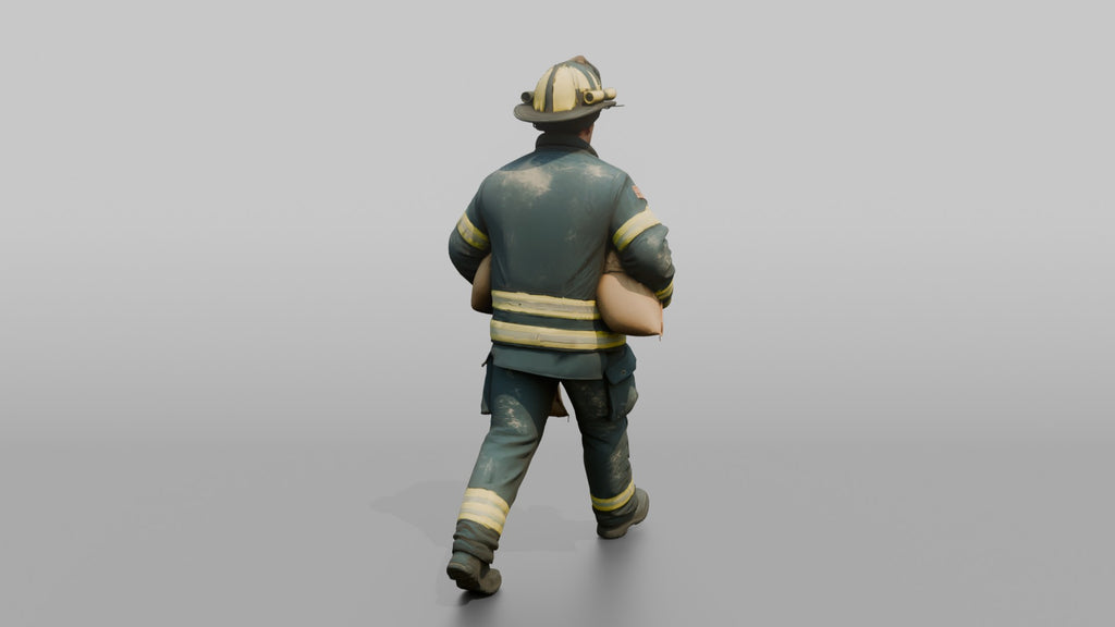 Firefighter Man Hauling a Sandbag Under Each Arm