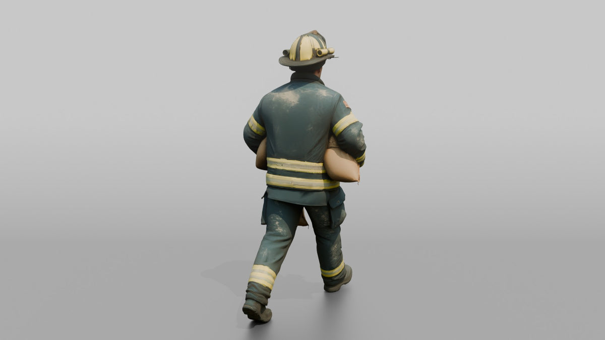Firefighter Man Hauling a Sandbag Under Each Arm - 3D character model, view 3