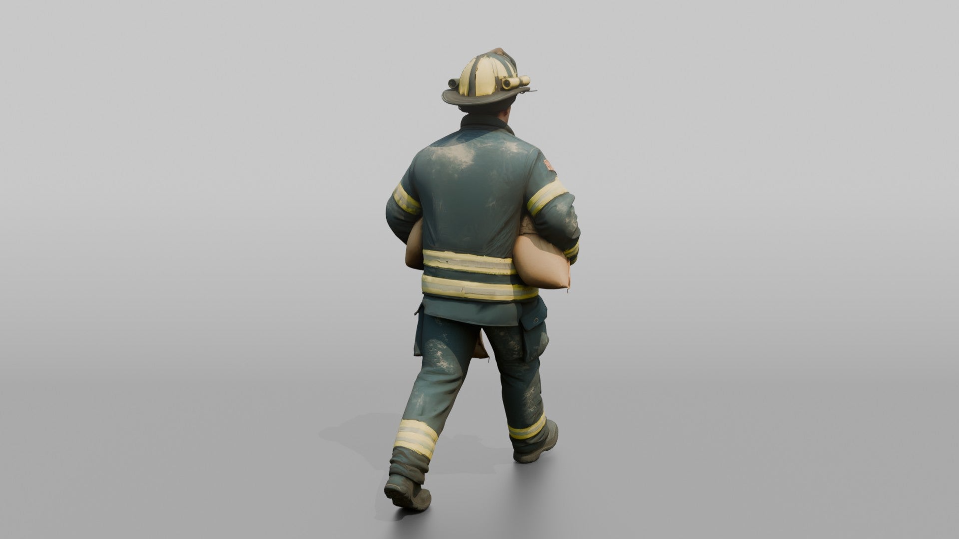 Firefighter Man Hauling a Sandbag Under Each Arm