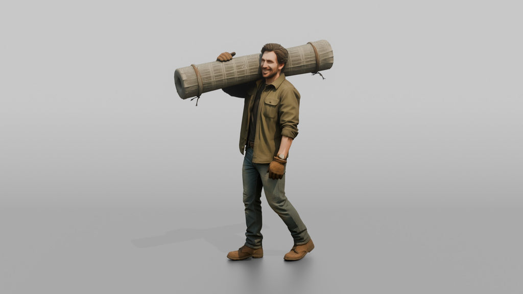 Farmer Carrying Heavy Roll Of Wire Mesh Fencing