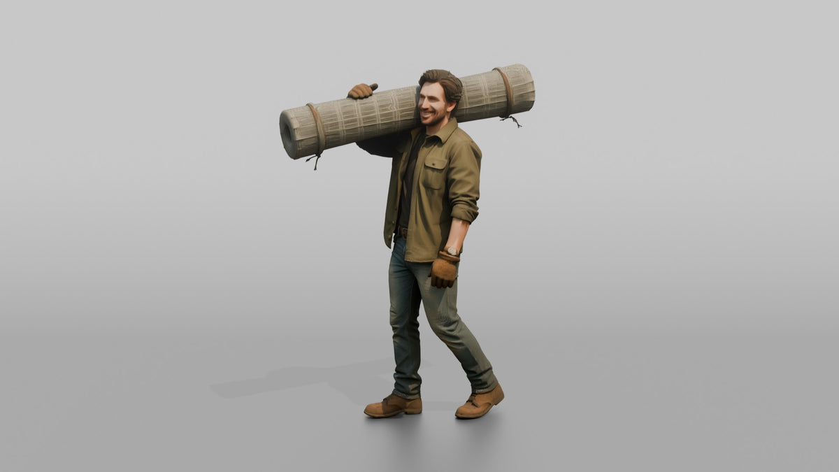 Farmer Carrying Heavy Roll Of Wire Mesh Fencing - 3D character model, view 4