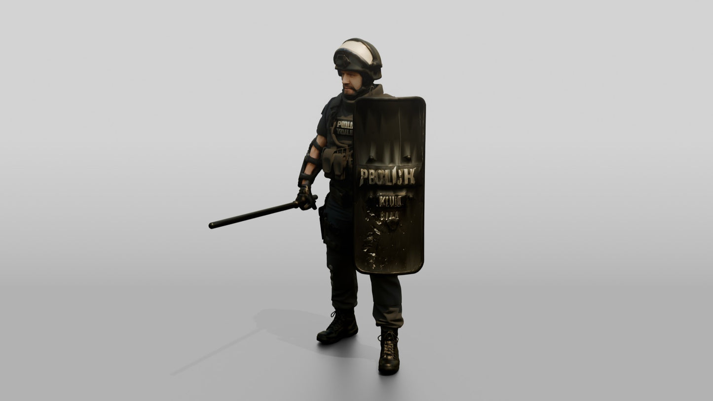 Riot Police Officer Holding Baton and Shield