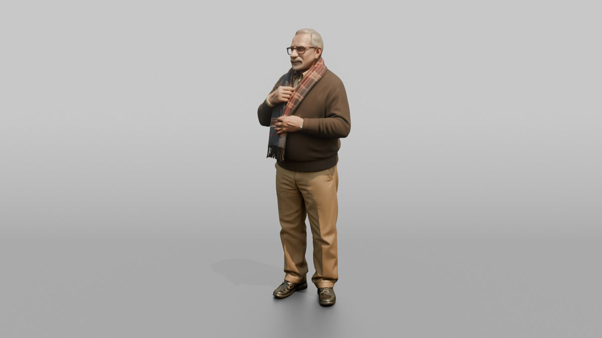 Grandfather Adjusting A Wool Scarf Around His Neck - 3D character model, view 4
