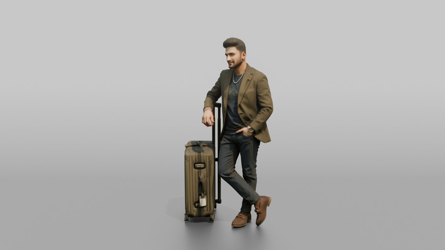 Vacationer Leaning On Large Spinner Suitcase