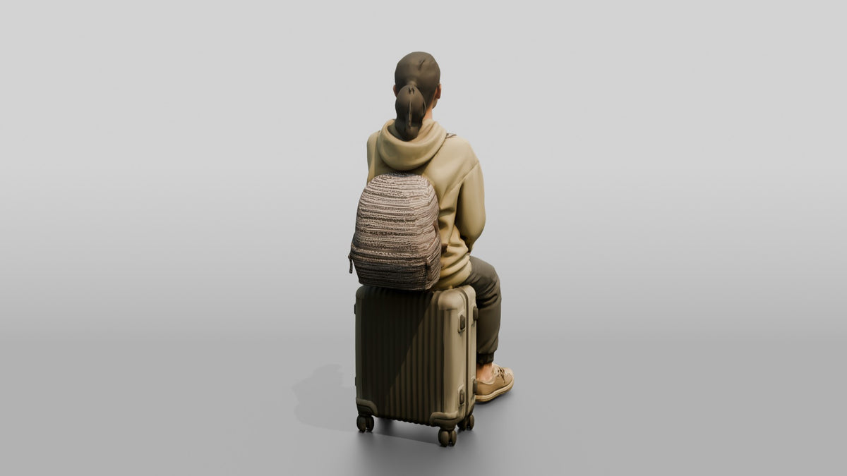 Young Woman Seated on Suitcase Drinking from Travel Cup - 3D character model, view 3