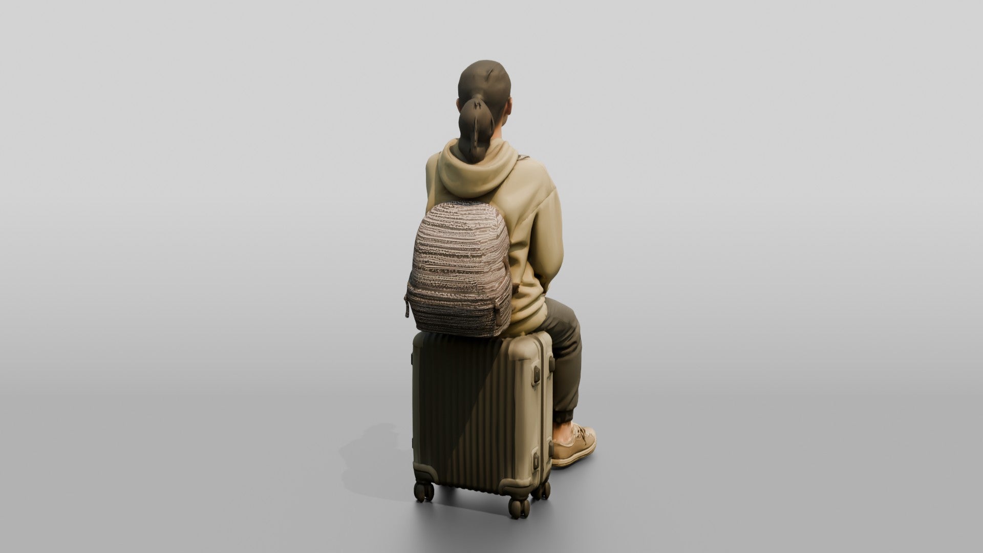 Young Woman Seated on Suitcase Drinking from Travel Cup