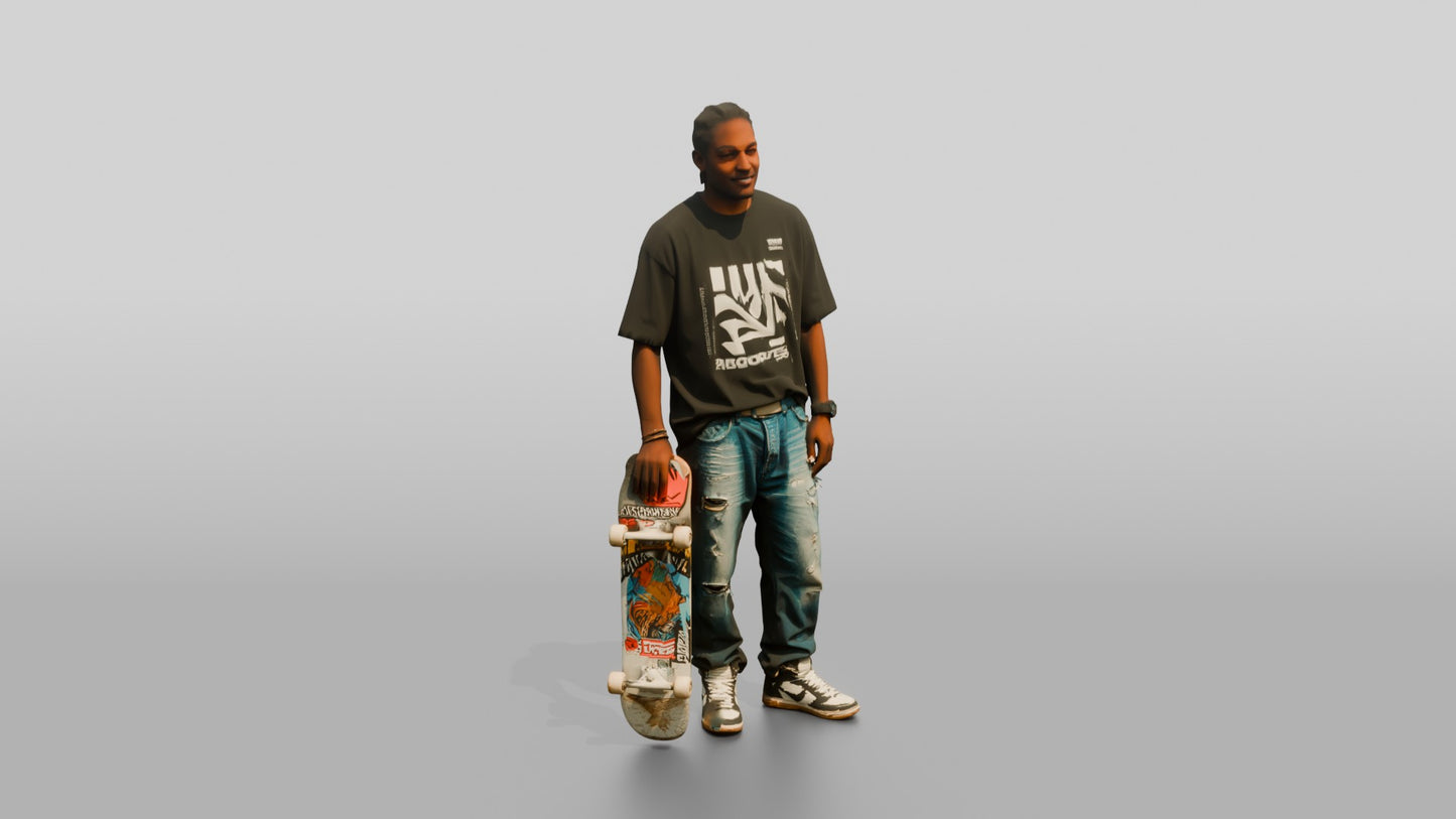 Skater Man in Ripped Jeans with Skateboard