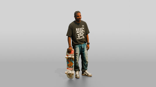 Skater Man in Ripped Jeans with Skateboard - 3D character model, view 1