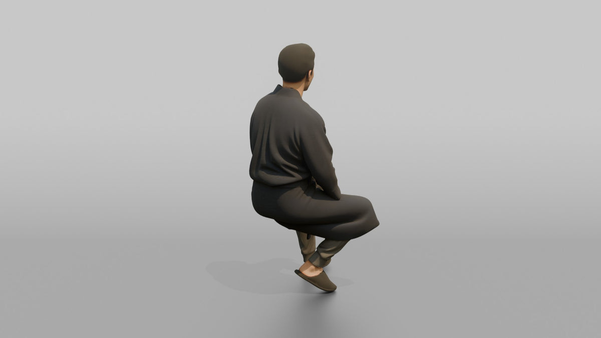 Spa Client Woman Sitting On A Stool Getting Ready, Robe Half-tied - 3D character model, view 3