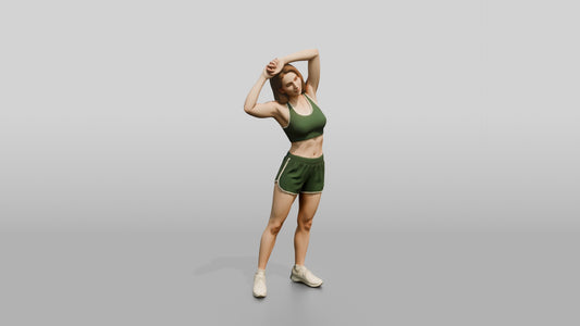 Athletic Woman Stretching in Green Sports Shorts - 3D character model, view 1