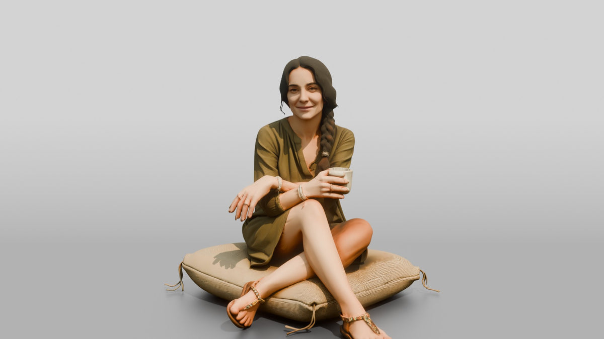 Woman Sitting Cross-Legged in Olive - 3D character model, view 5