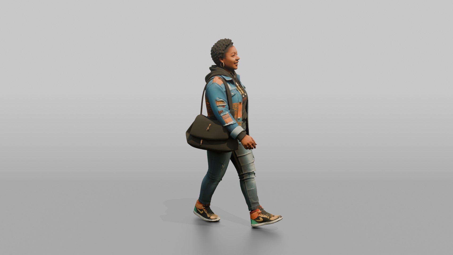 African Woman in Patched Denim Jacket Walking